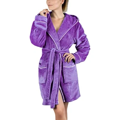 Abbildung von Gräfenstayn Damenbademantel Bademantel Damen flauschig Kapuze Kuschelfleece kurz Lila, warm &amp; kuschelig, Knielang, Fronttaschen, Gürtel, S XXL