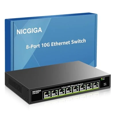 Abbildung von NICGIGA 8 Port 10 Gigabit Ethernet Switch (Unmanaged) mit Ports, Netzwerk für NAS, PCs, WiFi7 Router, Adapter/NIC.