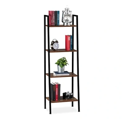 Abbildung von Relaxdays Standregal, modernes Leiterregal m. 4 Ablagen, Pflanzen, Bücher &amp; Deko, Vintage, HBT 136 x 44 31,5 cm, braun, Eisen