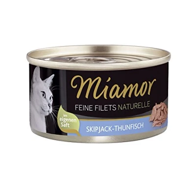 Abbildung von MIAMOR Feine Filets Naturelle Nassfutter für ausgewachsene Katzen mit Filetstückchen im eigenen Saft. Fettarmes Ergänzungsfutter in der Dose ohne künstliche Zusätze 24x80g Skipjack Thunfisch