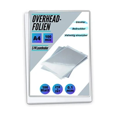 Abbildung von 100 OHP Folien A4 für Laserdrucker und S/W Kopierer transparent glasklar PREMIUM Overheadfolien beste Druck Projektions Qualität