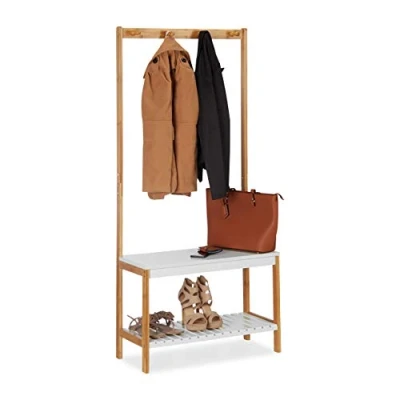 Abbildung von Relaxdays Garderobenständer mit Schuhregal, 4 Kleiderhaken, Ablage, Bambus &amp; MDF, HBT 150 x 70,5 30 cm, natur weiß