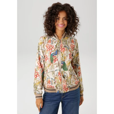 Abbildung von Aniston CASUAL Blouson mit farbenfrohen Pfauen und Blumen bedruckt NEUE KOLLEKTION