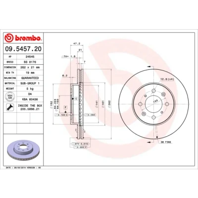 Abbildung von BREMBO 09.5457.20 Bremsscheibe 262 21 4 innenbelüftet mit Schrauben HONDA: Concerto Limousine, Schrägheck