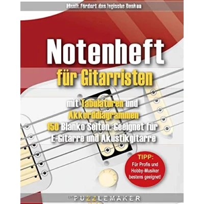 Abbildung von Notenheft für Gitarristen mit Tabulaturen und Akkorddiagrammen: 150 Blanko Seiten. Geeignet E Gitarre Akustikgitarre