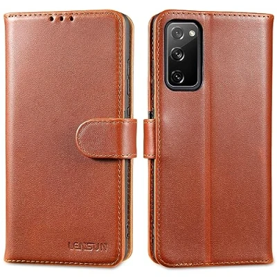 Abbildung von LENSUN Echtleder Hülle für Samsung Galaxy S20 FE 4G/5G, Handyhülle [Echtes Leder][Magnetverschluss][RFID Blocker] Handytasche Lederhülle 2022 Dunkelbraun