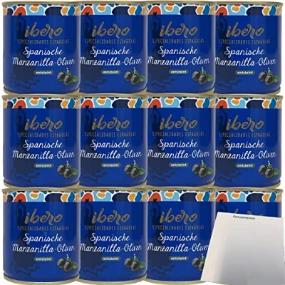 Abbildung von Ibero spanische schwarze Manzanilla Oliven entsteint 12er Pack (12x200g Dose) + usy Block