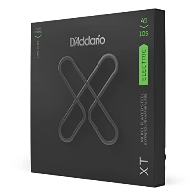 Abbildung von D&#039;Addario E Bass Gitarrensaiten Saiten Bassgitarre XTB45105, vernickelte XT Stahlseite für Bässe Saiten, Light Top/Medium Bottom, volle Größe, 45 105