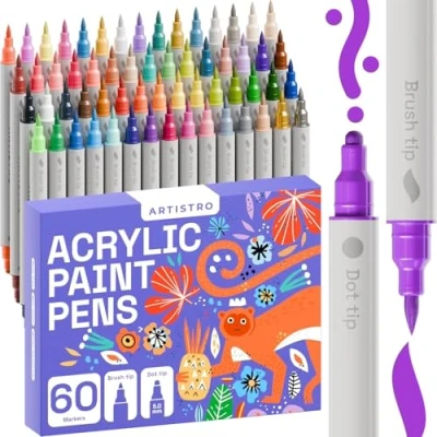 Abbildung von Artistro 60 Acrylmalmarker für Stoff, Steine, Papier, Holz, Leinwand, Glas, DIY Sicher Kinder, doppelseitige Acrylstifte (Doppelseite Punkt + Pinsel, 60)