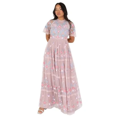 Abbildung von Maya Deluxe Damen Women&#039;s Ladies Maxi Dress Short Sleeve Round Neck Floral Embroidered Tulle Lace Trim A line Wedding Guest Prom Ball Gown Kleid, Frosted Pink,