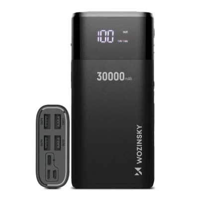 Abbildung von WOZINSKY Powerbank Power Bank 4X USB 30000 mAh mit LCD Display 4A externer Akku Tragbares Ladegerät kompatibel Smartphone, Tablets iPhone Huawei Samsung Xiaomi Oppo (Black)