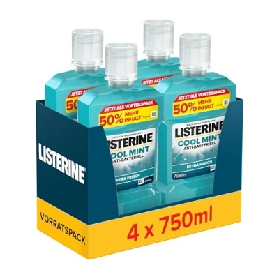 Abbildung von LISTERINE Cool Mint Mundwasser (4 x 750 ml), antibakterielle Mundspülung mit ätherischen Ölen &amp; intensivem Minzgeschmack, Zahnpflege Spülung reduziert Zahnbelag und bekämpft wirksam Mundgeruch