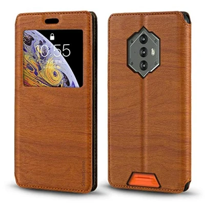 Abbildung von Blackview BV6600 Hülle, Holzmaserung Leder Hülle mit Kartenhalter und Fenster, magnetische Flip Cover für