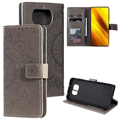 Abbildung von CoverKingz Handytasche kompatibel mit Xiaomi Poco X3 NFC/Poco Pro Handy Case Kartenfach Handyhülle Flipcase klappbar Motiv Mandala Grau
