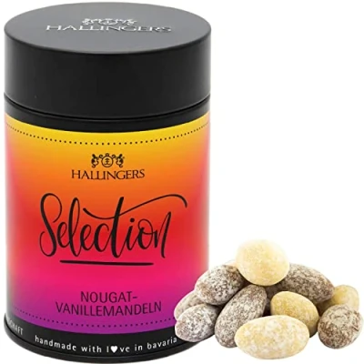 Abbildung von Hallingers Selection Nougat schokolierte Vanille Mandeln handgemacht (Dose) Adventskalender Neuheiten &amp; befüllen Geburtstag Glückwunsch Danke Jahrestag Freundschaft Gene