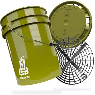 Abbildung von MAGIC BUCKET Auto Handwäsche Bundle Wascheimer Mit passendem Eimer Deckel 5 US GALLONEN ca. 20 Liter Grit Guard Eimereinsatz Schmutzsieb Waschset Khaki/Schwarz