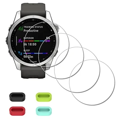 Abbildung von iDaPro Displayschutz Schutzfolie für Garmin fenix 7S Solar / Sapphire watch + 4 teiliger Ladeanschlussschutz 9H Härte Glas Displayschutzfolie Einfache Installation [4 Stück]