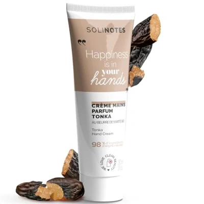 Abbildung von Solinotes Tonka Handcreme pflegende und intensive Pflege für geschwollene trockene Hände Bio Sheabutter 97,8% Inhaltsstoffe natürlichen Ursprungs 30 ml