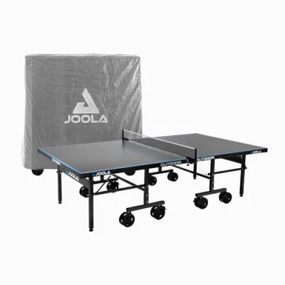 Abbildung von JOOLA Tischtennisplatte Outdoor Aluminium PRO Wetterfest mit Tisch Abdeckung, Klappbares Untergestell Schneller Aufbau inkl. Netz grau/blau 274 x 152,5 76 cm