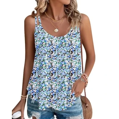 Abbildung von WNEEDU Damen Tank Tops Sommer Spaghetti Cami Oberteile Ärmellose Rundhalsausschnitt Blusen Top Shirts Floral Meeresblau XL