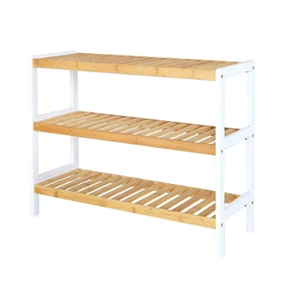 Abbildung von dibea Schuhregal mit 3 Ablagefächern Schuhschrank Bambusregal Standregal Küchenregal Wohnzimmerregal 70x26x55 cm, naturfarben/weiß