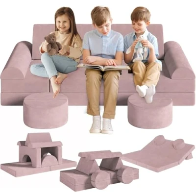 Abbildung von Spielsofa Kindersofa,14 Teilige Modulare Kinderspielcouch,Kindersofa aus Schaumstoff Bausteine,Spielsofa für Kinder &amp; Kindersessel,Kuschelecke im Kinderzimmer,zum Spielen,Kreativsein,Schlafen (Rosa)