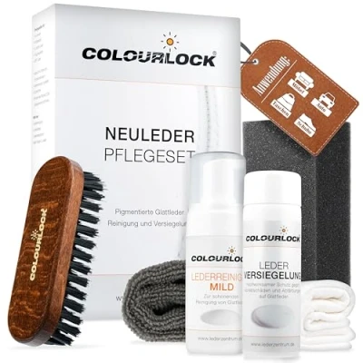 Abbildung von COLOURLOCK Lederpflege Set Neuleder Leder Pflege geeignet für Auto Sofa Couch UVM. Lederreiniger Mild + Versiegelung Reinigungsbürste Reinigungsschwamm Tücher