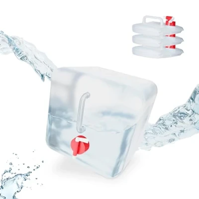 Abbildung von Relaxdays Faltkanister 4er Set, 10 l, Hahn, Schraubdeckel, Tragegriff, Wasserkanister Camping, BPA frei, transparent/rot