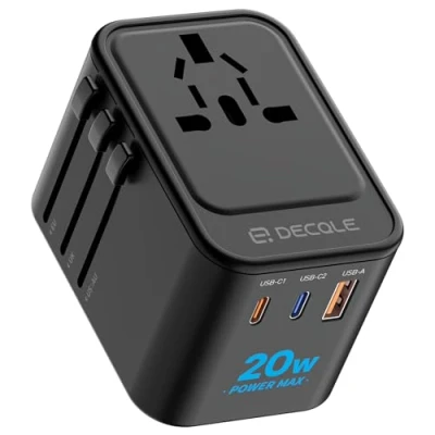 Abbildung von decqle Reiseadapter Weltweit, Universal Reisestecker mit 2 USB C (PD 20W), 1 A und AC Steckdose, Internationaler Steckdosenadapter, Universaladapter für EU, UK, US, AU (Schwarz)