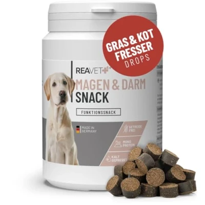 Abbildung von ReaVET Funktionssnacks I Gras &amp; Kotfresser Drops für Hunde bei Fressen von KOT unterstützt den Magen Grasfresser Getreidefreie Leckerlies Ohne Zucker