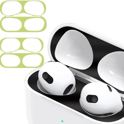 Abbildung von Staubschutz Sticker kompatibel mit AirPods 4（2024） Hülle, 2 Sätze Metallstaub Schutz Aufkleber, Ultraschlanke Folie, Überzug Staub schützen Drahtloser Ladekoffer (Green+Green)