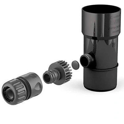 Abbildung von BRYZA® Dachrinne Ablauf für Regenwassertank DN Ø 63mm schwarz Regenwa Regendank Speedy Regenwassersammler Fallrohr Gartenschlauch Anschluss Schnellkupplung