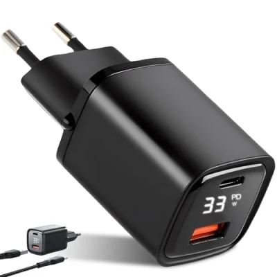 Abbildung von 33W USB C Schnellladegerät mit LED Display, 2 Port Ladegerät QC PD Netzteil Universal Ladeadapter Kompatibel Handys, Kamera, Tablets usw (Schwarz)