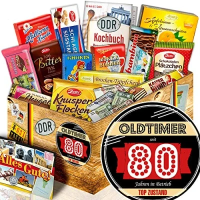Abbildung von Oldtimer 80 + Geschenke 80ten Geburtstag DDR Schokoladen Geschenk