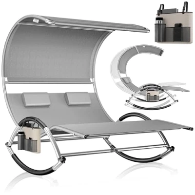 Abbildung von KESSER® Doppel Sonnenliege Doppelliege mit Sonnendach, Kopfkissen Tasche für 2 Personen, Relaxliege, Gartenliege, Schaukelliege ergonomische Liegefläche, 240 kg Belastung, Seitentasche, Grau