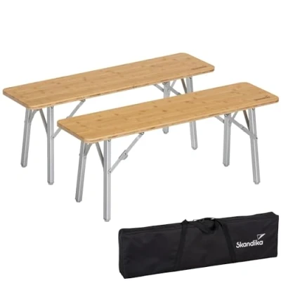 Abbildung von Skandika Sitzbank Tolja 2er Set Campingbank aus Bambus, 100 x 27 39 cm, bis 200 kg belastbar, wetterfest, Tragetasche, Bierbank, Bierzeltbank Balkonmöbel, Camping, Garten Bank