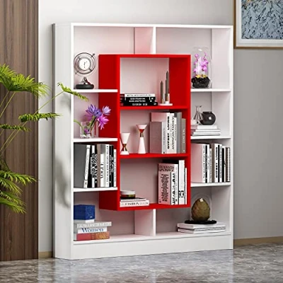 Abbildung von Homidea Venus Bücherregal Standregal Büroregal Raumtieler für Wohnzimmer/Büro in modernem Design (Weiß/Rot)