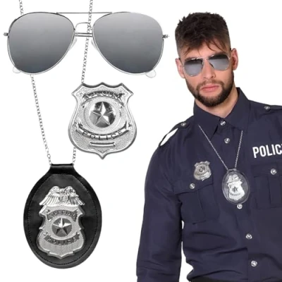 Abbildung von Boland 01417 3 teiliges Polizei Set, Party Brille, Halskette und Abzeichen, Silber Schwarz, Unisex, Special Police, Kommissar, Kostüm, Karneval, Mottoparty