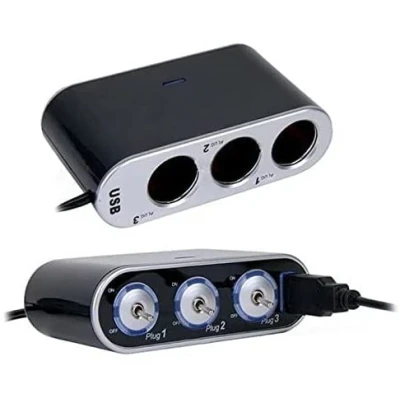 Abbildung von Q61CS Auto Ladegerät 3 Fach Zigarettenanzünder Steckdose mit Getrennten EIN/AUS Schaltern + USB 5V/0,5A 12 24V KFZ Verteiler Adapter