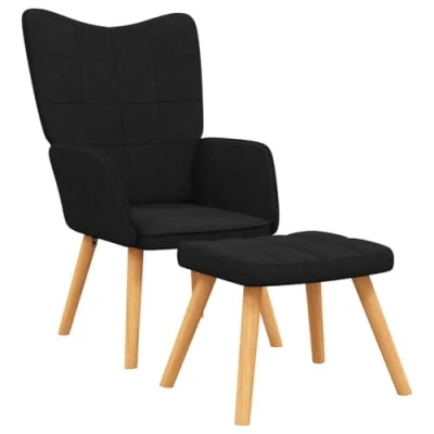 Abbildung von vidaXL Relaxsessel mit Hocker, Sessel Stahlrahmen Holzbeinen, Relaxstuhl Polsterstuhl Armlehne, Fernsehsessel Polstersessel Wohnzimmer, Modern, Schwarz Stoff