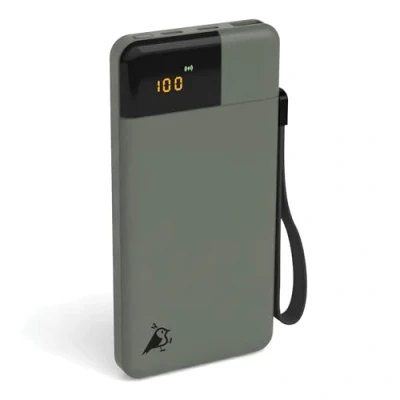 Abbildung von Aqiila Powerbank 10000mAh, 20W, LCD Display, 2X USB C, 1x A, tragbares Ladegerät, Pass Through Laden, leicht &amp; kompakt, Soft Touch Oberfläche, Powerbird Moosgrün in plastikfreier Verpackung