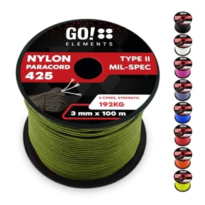 Abbildung von GO!elements 100m Paracord Seil aus reißfestem Nylon 3mm 425 Typ II max. 192kg Schnüre als Outdoor Seil, Allzweckseil, Survival Armband, Hundeleine, Nylonschnur, Farbe: Oliv