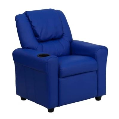 Abbildung von Flash Furniture Lehnsessel für Kinder, modern, mit Becherhalter und Kopfstütze, Holz, blaues Vinyl, 61 x 48 cm