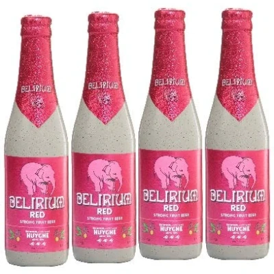 Abbildung von 4 Flaschen a 0,33L Delirium Red Strong Fruit beer 330ml rosa Elefanten inc. 0.32 Mehrweg Pfand