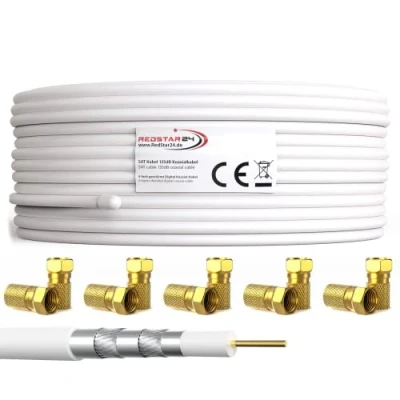 Abbildung von RedStar24 25m Koaxial SAT Kabel 135dB Digital Antennenkabel 5 Fach geschirmt für Ultra HD 4K DVB S / S2 C/C2 und T BK Anlagen Koaxialkabel Weiß inkl. 10 vergoldete F Stecker (Weiß, 25m)