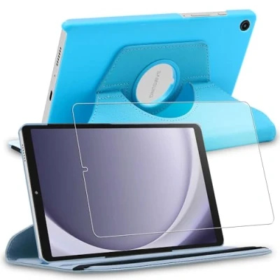 Abbildung von ebestStar Hülle für Samsung Galaxy Tab A9 8.7 SM X110 (2023), Drehbar Schutzhülle, PU Lederhülle, Rotierende Ständer Etui, Rotating Case Cover, Blau + Panzer Schutz Glas