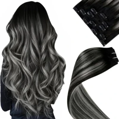 Abbildung von LaaVoo Clip Echthaar Extensions Schwarz Ombre Silber Extenisons in Haarverlängerung Glatt 70g 5Stück Doppelt Tressen Remy Haarextension Clips Black und Silver 40cm