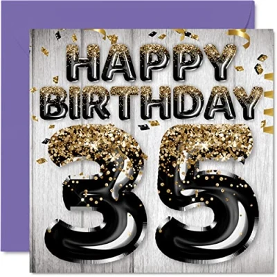 Abbildung von Geburtstagskarte zum 35. Geburtstag für Männer schwarze und goldene Glitzerballons Happy Karten 35 Jahre alten Mann Freund Bruder Papa Onkel, 145 mm x Thirty Fifth Grußkarten Geschenk