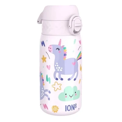 Abbildung von ion8 Isolierte Edelstahl Trinkflasche, 320 ml, Auslaufsicher, Einhandöffnung, Sichere Verriegelung, Spülmaschinenfest, Klappdeckel, Tragegriff, Leicht zu Reinigen, Langlebig, Einhörner Design