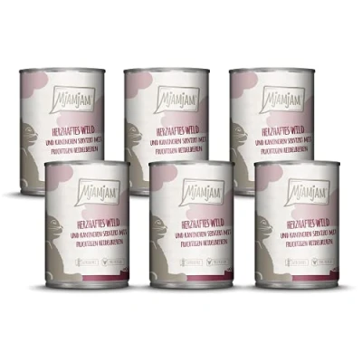 Abbildung von MjAMjAM Premium Nassfutter für Katzen herzhaftes Wild &amp; Kaninchen an fruchtigen Heidelbeeren, 6er Pack (6 x 400 g), getreidefrei mit extra viel Fleisch